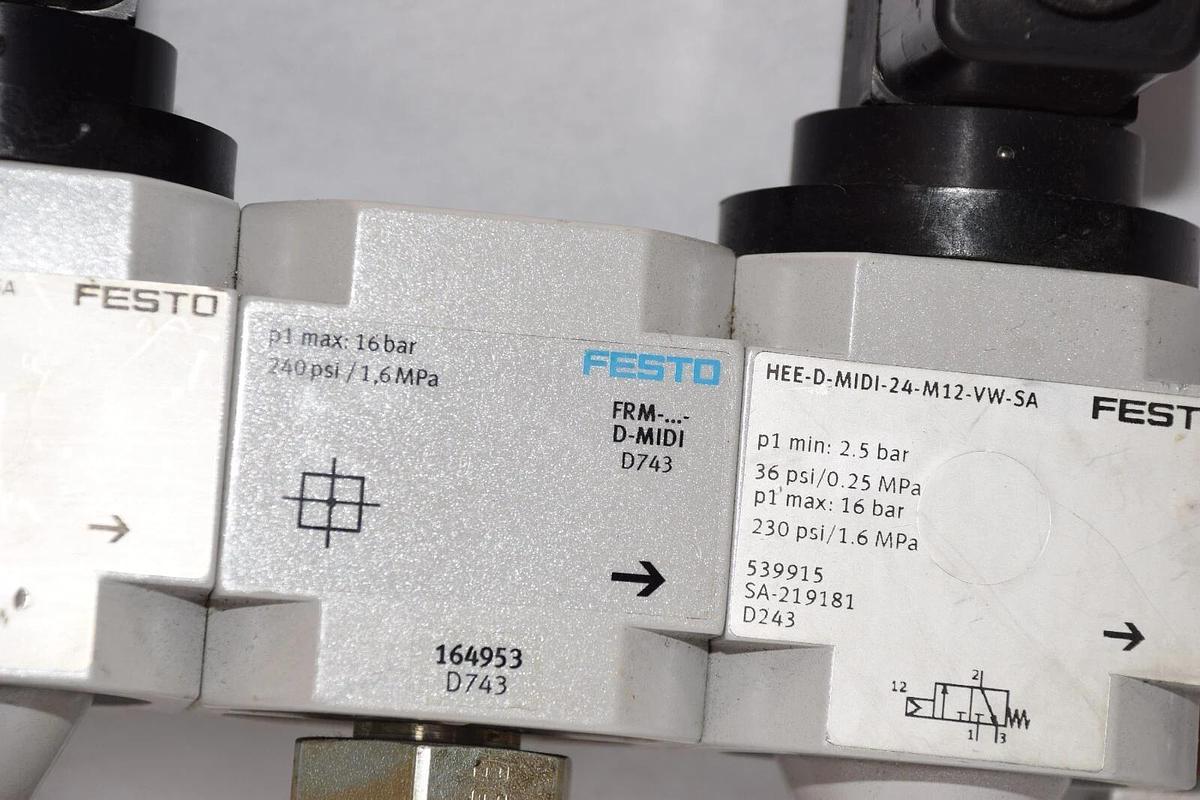 Used FESTO HEE-D-MIDI-24-M12-VW-SA On/Off Valve Assembly W/ Branching Module 164953