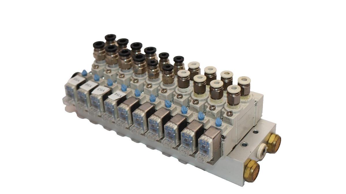 Used SMC Valve Block with (10) SY5120-5LZE-01 Solenoid Valve Lot