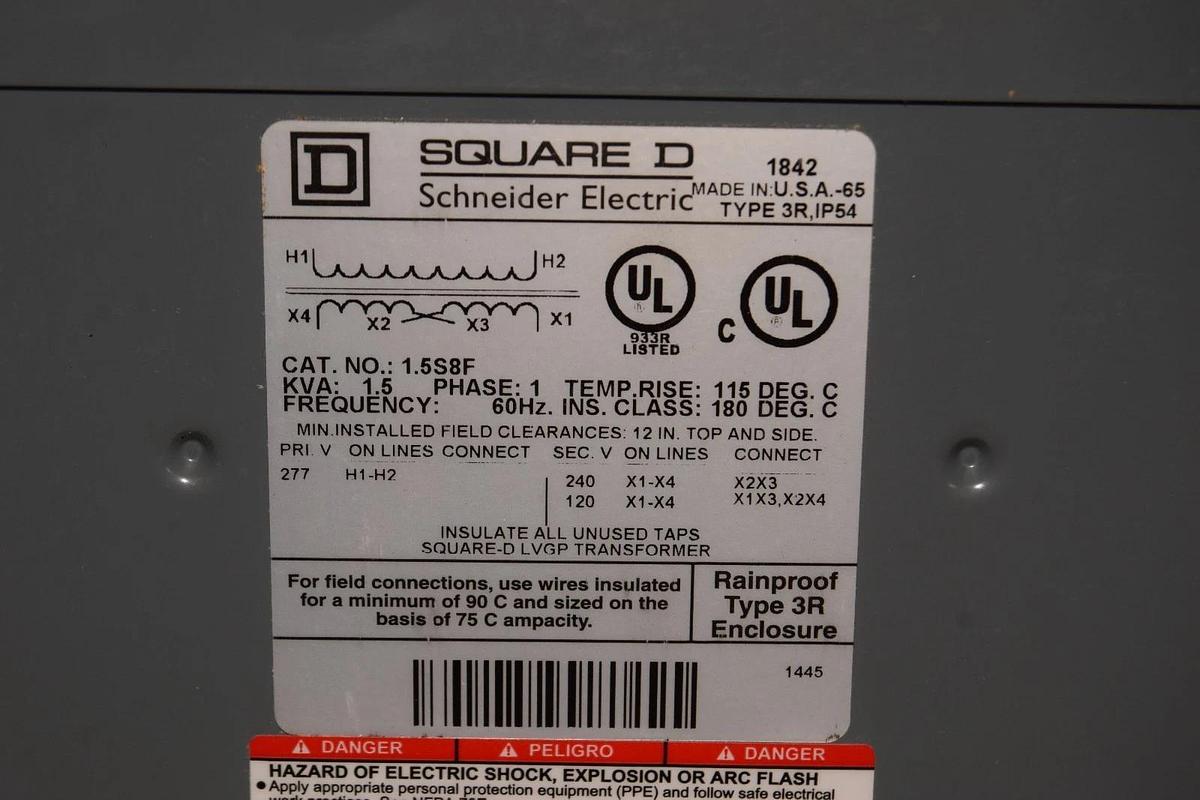 Square D Transformer Wall Mount 1.5S8F 1.5kva 1.5 kva 1ph 277v 120/240v (NEW)