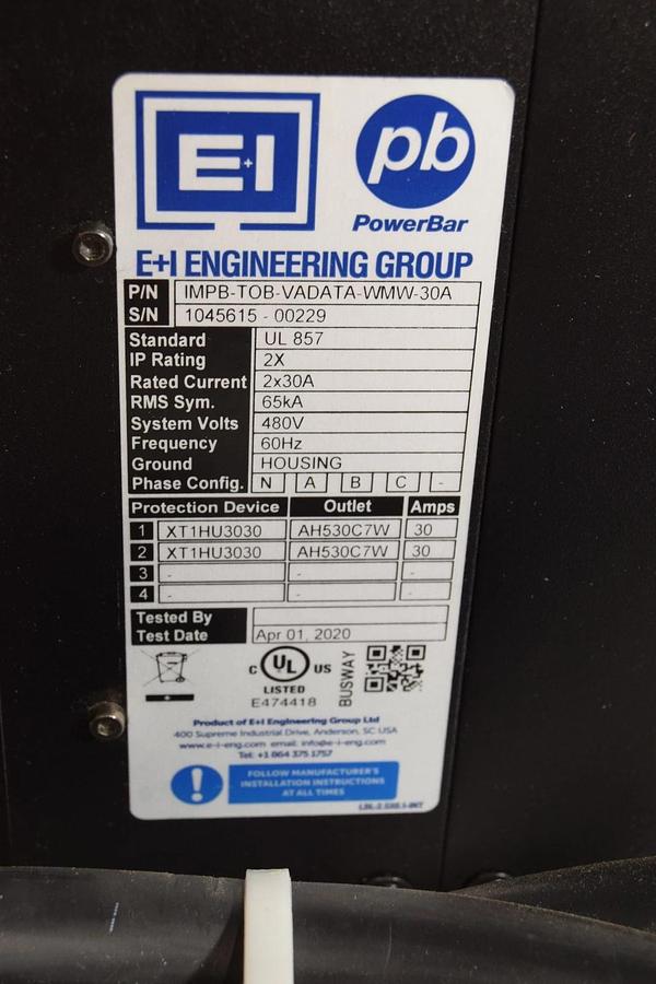 E+I Engineering Group IMPB-TOB-VADATA-WMW-30A, 2X-3Amp PowerBar Buss Tap Tapoff