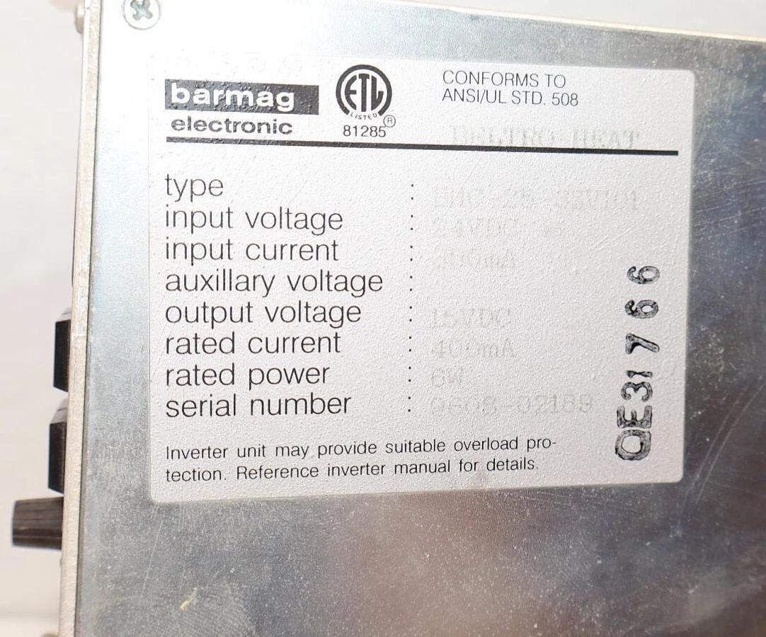 Used Barmag Beltro-Heat Inverter Control Module BHC-25-3ZV101  24vdc 6w BHC253ZV101