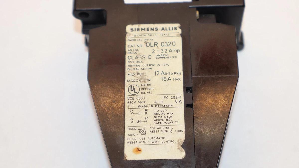 Used Siemens - Allis OLR0320 OLR-0320 OLR 0320 2-3.2Amp 2-3.2A Amp Overload Relay