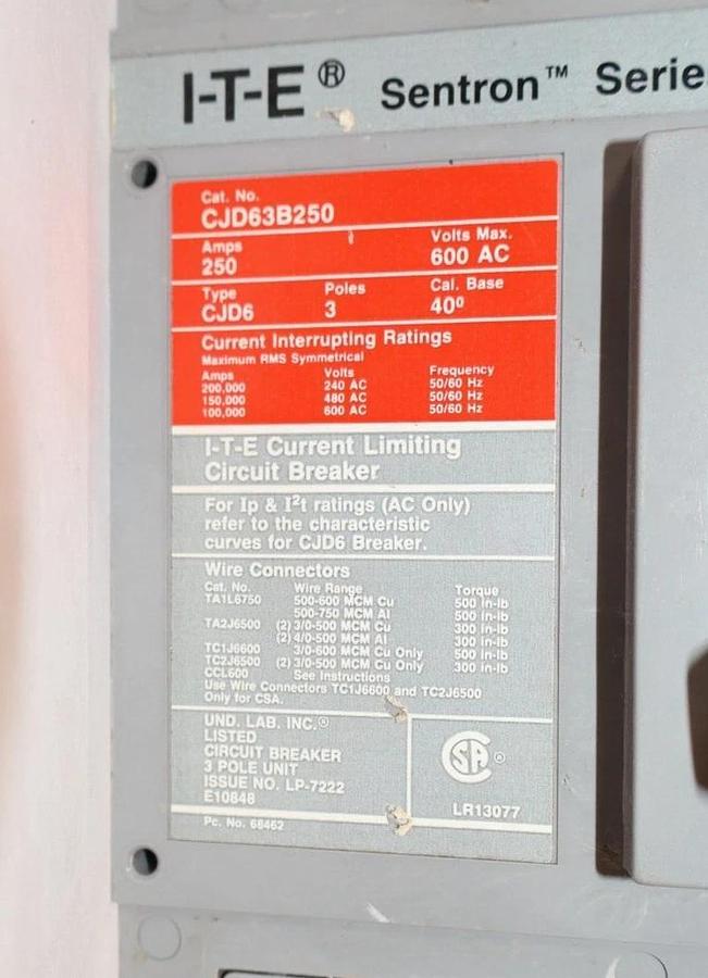 Siemens ITE I-T-E Sentron Breaker CJD63B250 250A 600v CJD6 3p Adj Trip NEW-READ