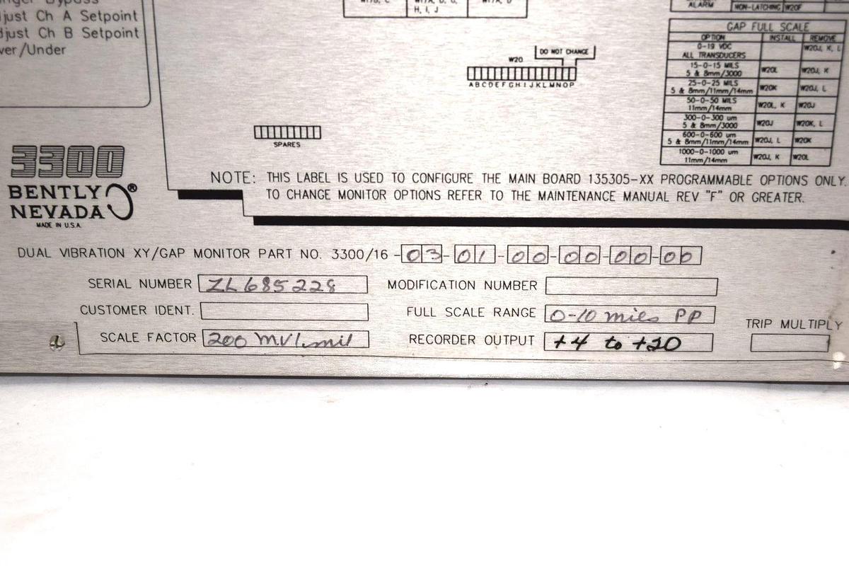 Used Bently Nevada 3300/16-03-01-00-00-00-00 Dual Vibration XY/GAP Monitor Module