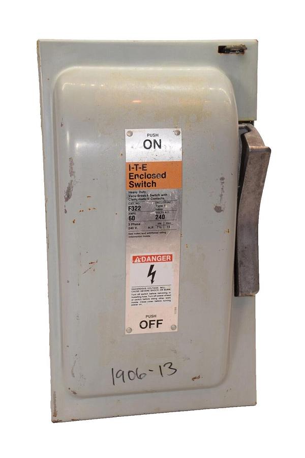 Used I-T-E F322 60A Amp Type 1 240V Heavy Duty Disconnect / Safety Switch