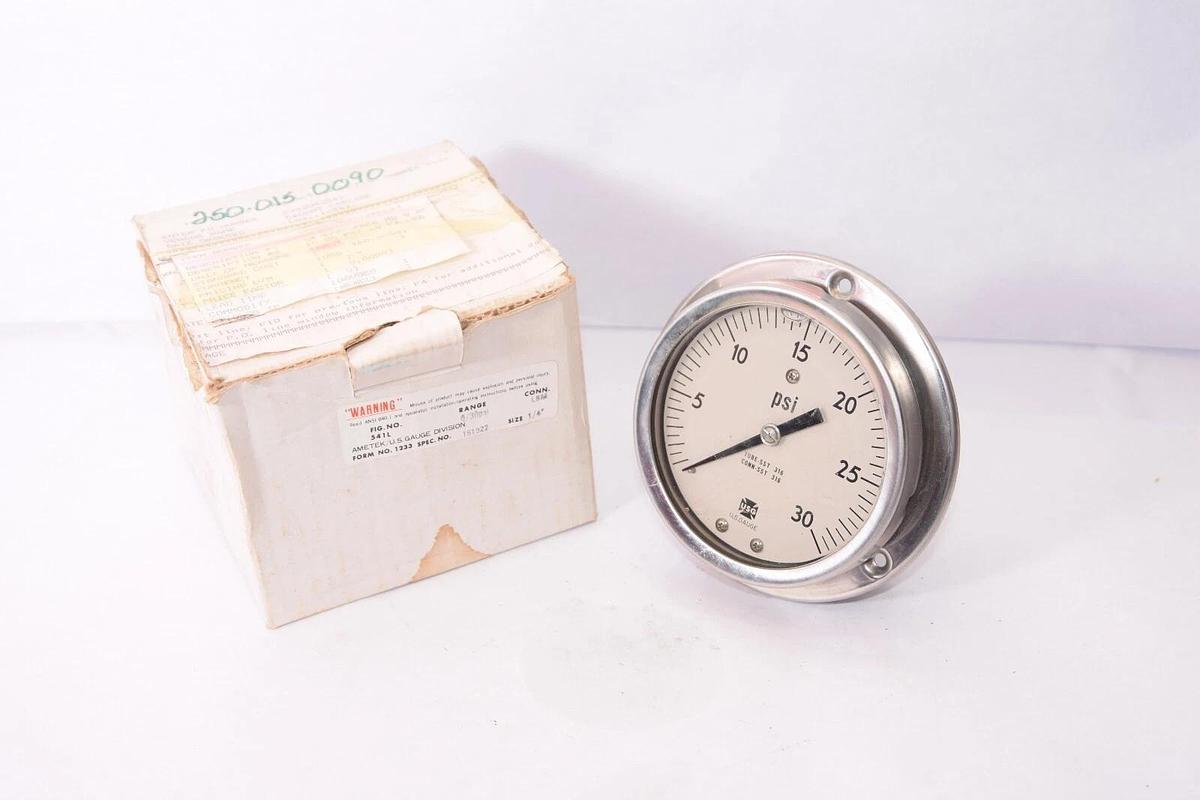 (NEW) AMETEK 541L 0-30psi 1/4" 4" Face S/S Back Mount Pressure Gauge