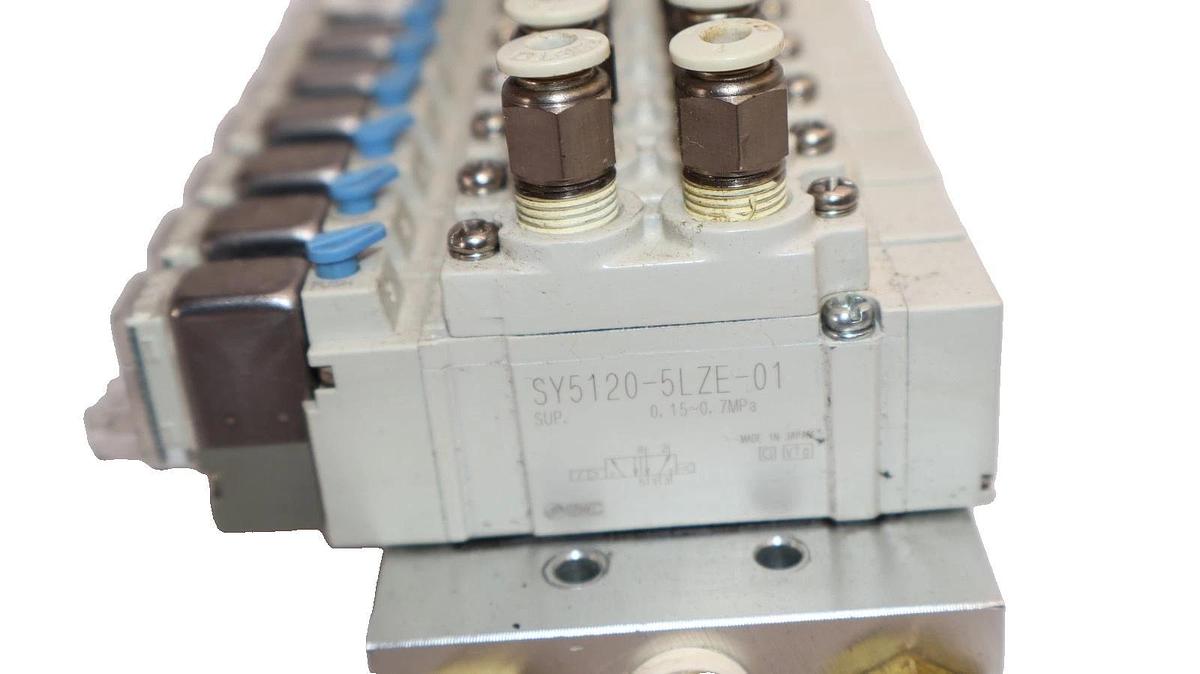 Used SMC Valve Block with (10) SY5120-5LZE-01 Solenoid Valve Lot