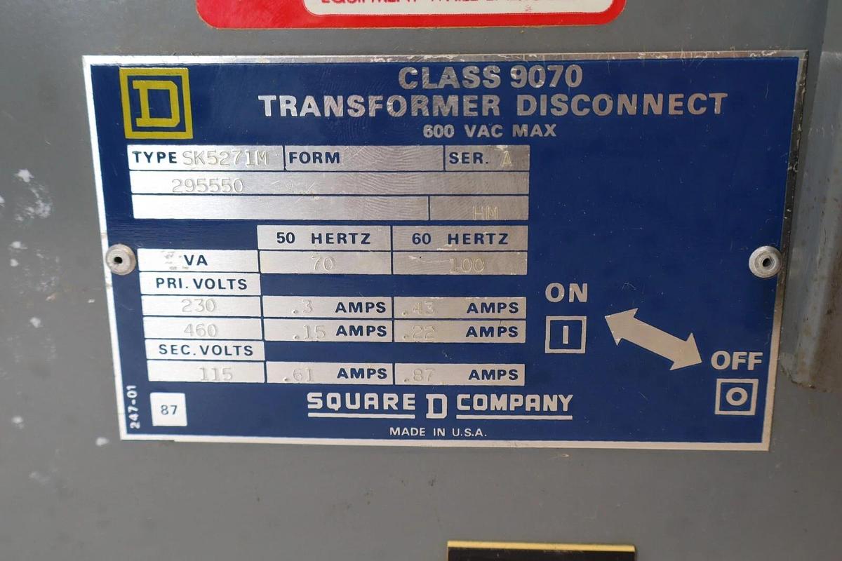 Used SQUARE D SK5271M Series A Class 9070 Transformer Disconnect
