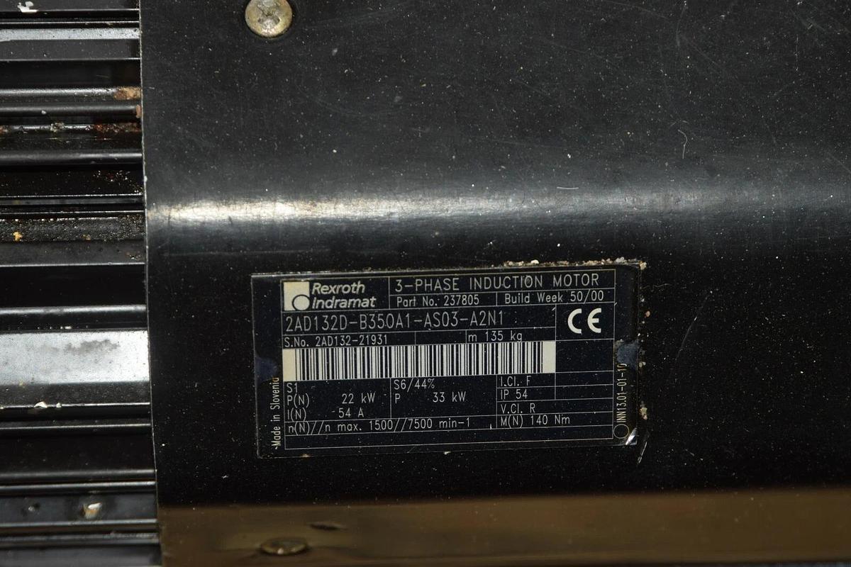 Used REXROTH INDRAMAT 3ph Induction Motor 22kW 2AD132D-B350A1-AS03-A2N1 / 237805