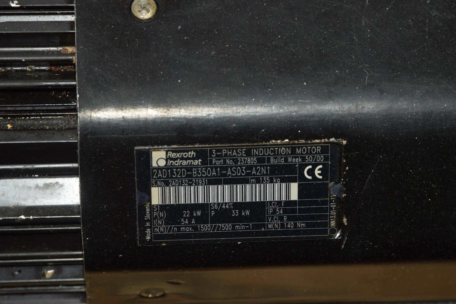 Used REXROTH INDRAMAT 3ph Induction Motor 22kW 2AD132D-B350A1-AS03-A2N1 / 237805