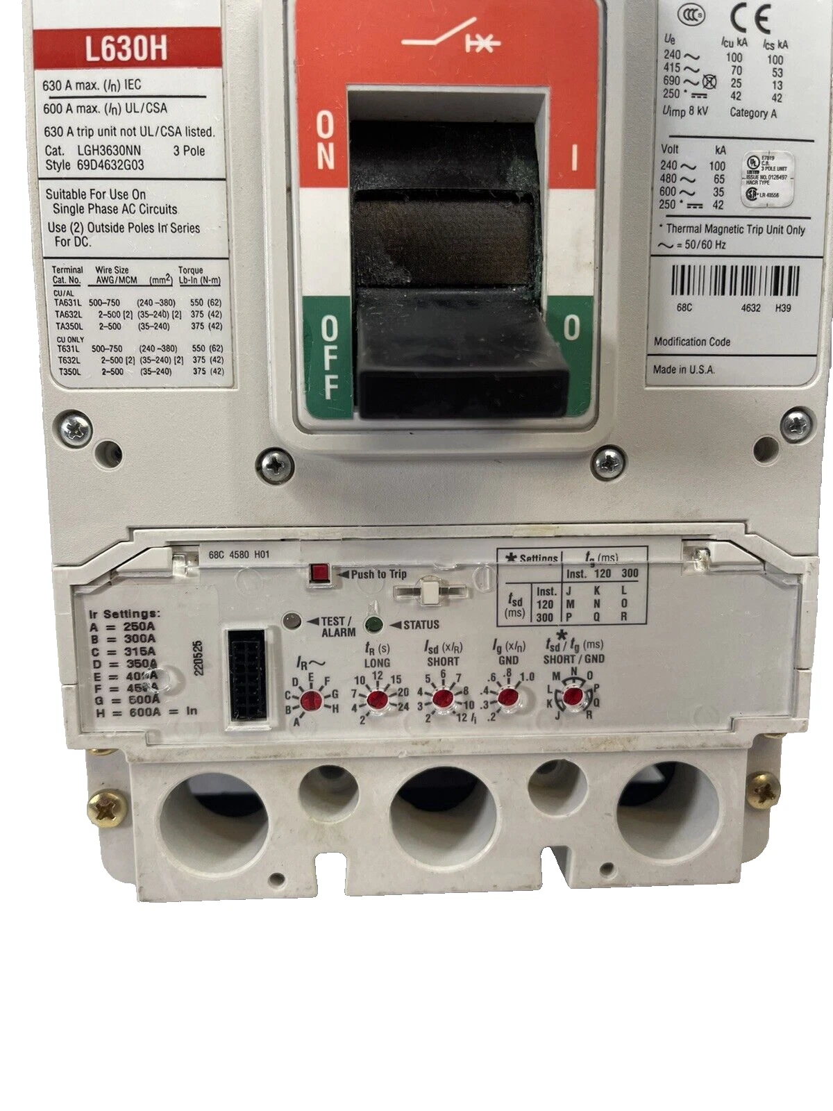 Used Eaton Cutler Hammer LGH3630NN L630H 600A 600amp Breaker 69D4632G03