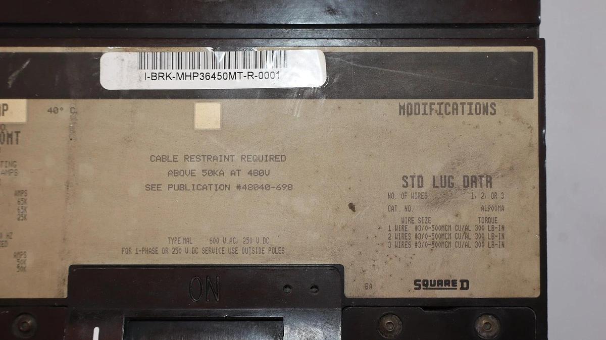 Used Square D Breaker MHP36450MT 450 AMP 600V  450A Magnetic Trip Adjustment
