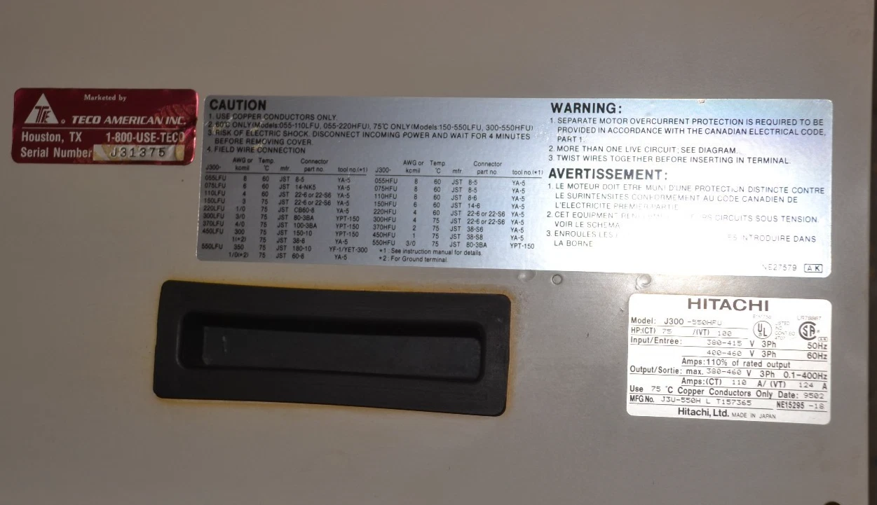Used HITACHI J300-550HFU 3PH 50/60Hz 380/460V 75HP IGBT Inverter Drive J3U-550H L