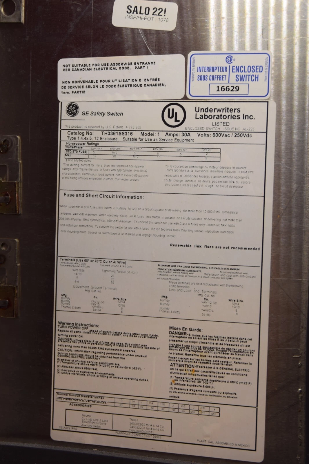 Used GE GENERAL ELECTRIC TH3361SS316 Model 1 30A Amp 600V Safety Switch W/ 20Amp Fuse