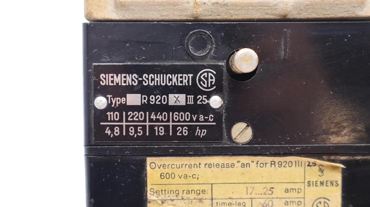 Used Siemens R920III25 , R920 X III 25 600Vac 100Amp Overload Relay Vintage (NOS)