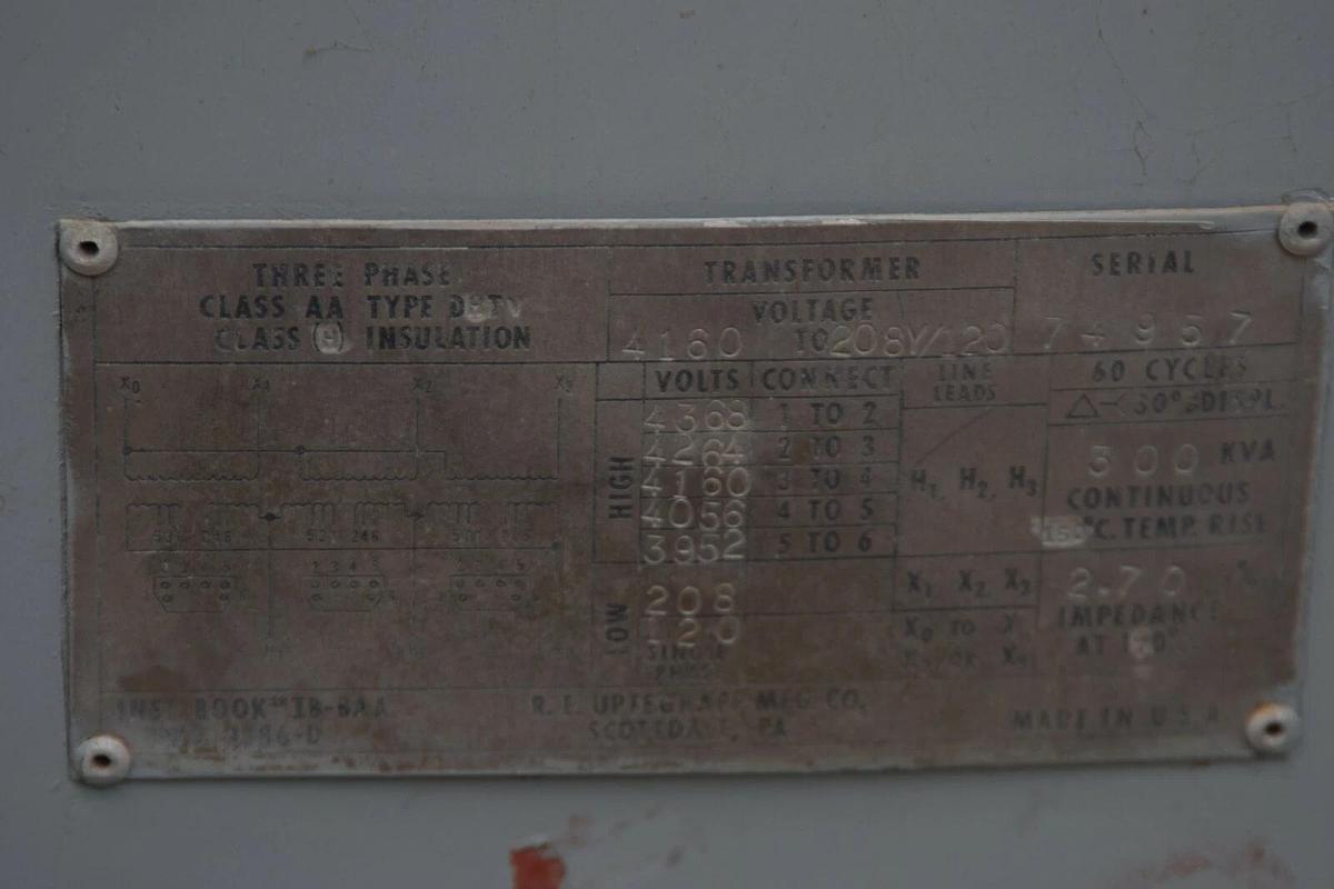 Used R E UPTEGRAFF 300 KVA Transformer 4160V Primary 208V Secondary 208Y/120V 300KVA