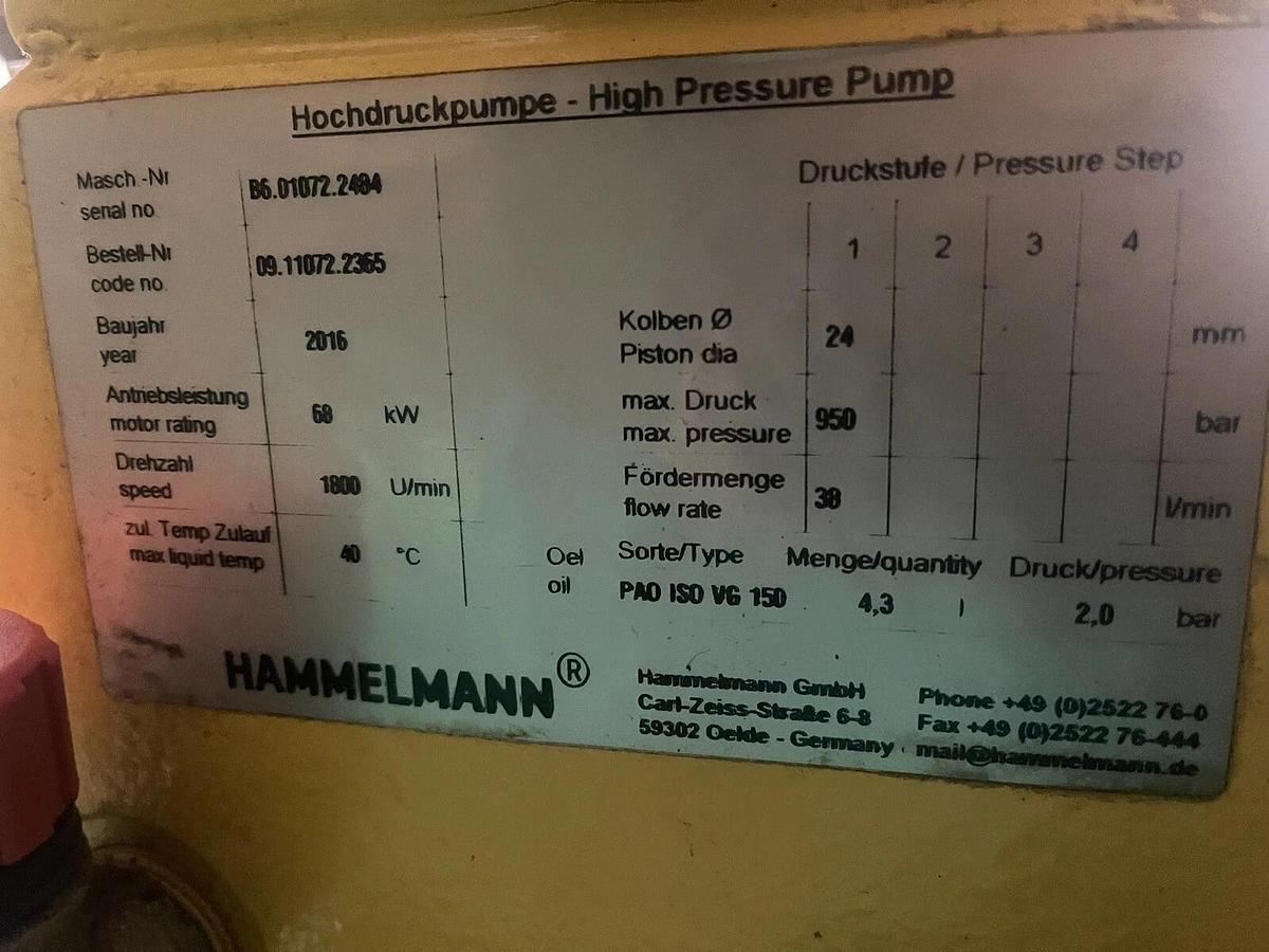 Used Hammelmann High Pressure Pump Unit 85.00072.2291 58kW Motor Hydro jet
