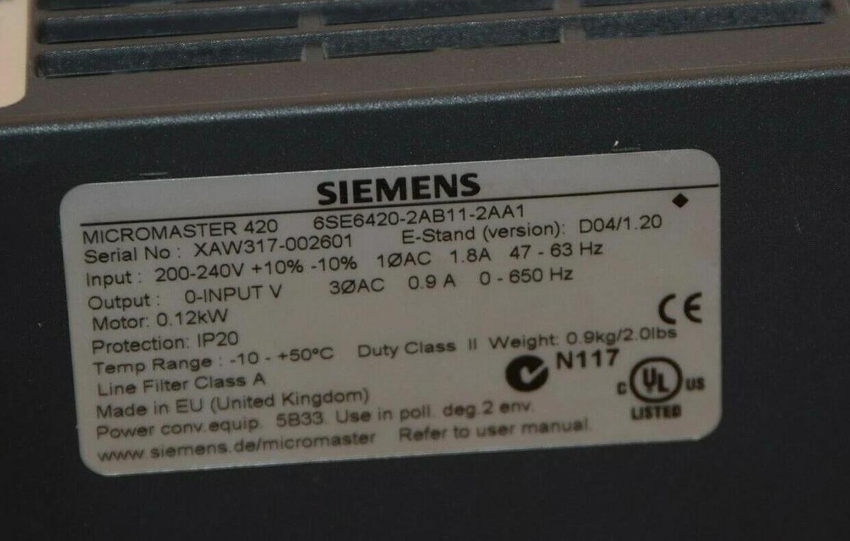 Used SIEMENS 6SE6420-2AB11-2AA1 200-240V 0.12Kw Micromaster 420 AC Drive