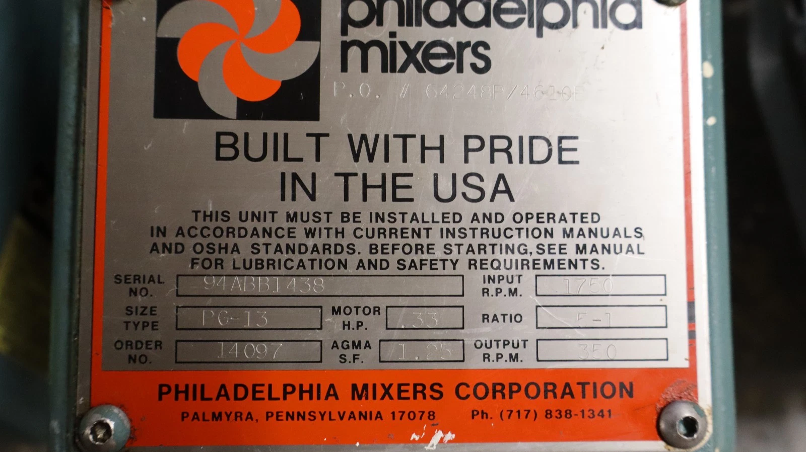 Philadelphia Portable Mixer Tank Agitator PG-13 1/3hp 350rpm 3ph Lightnin (NOS)