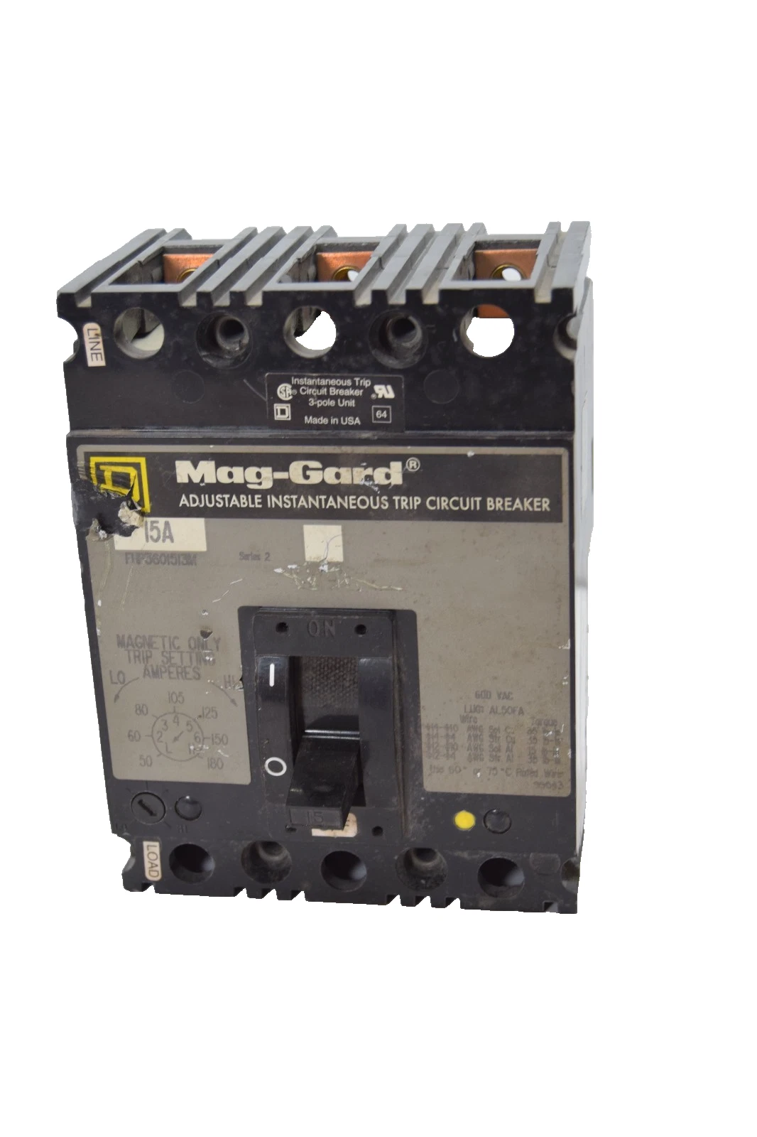 Used Square D FHP3601513M Series 2 15A Amp 3P Mag-Gard Circuit Breaker
