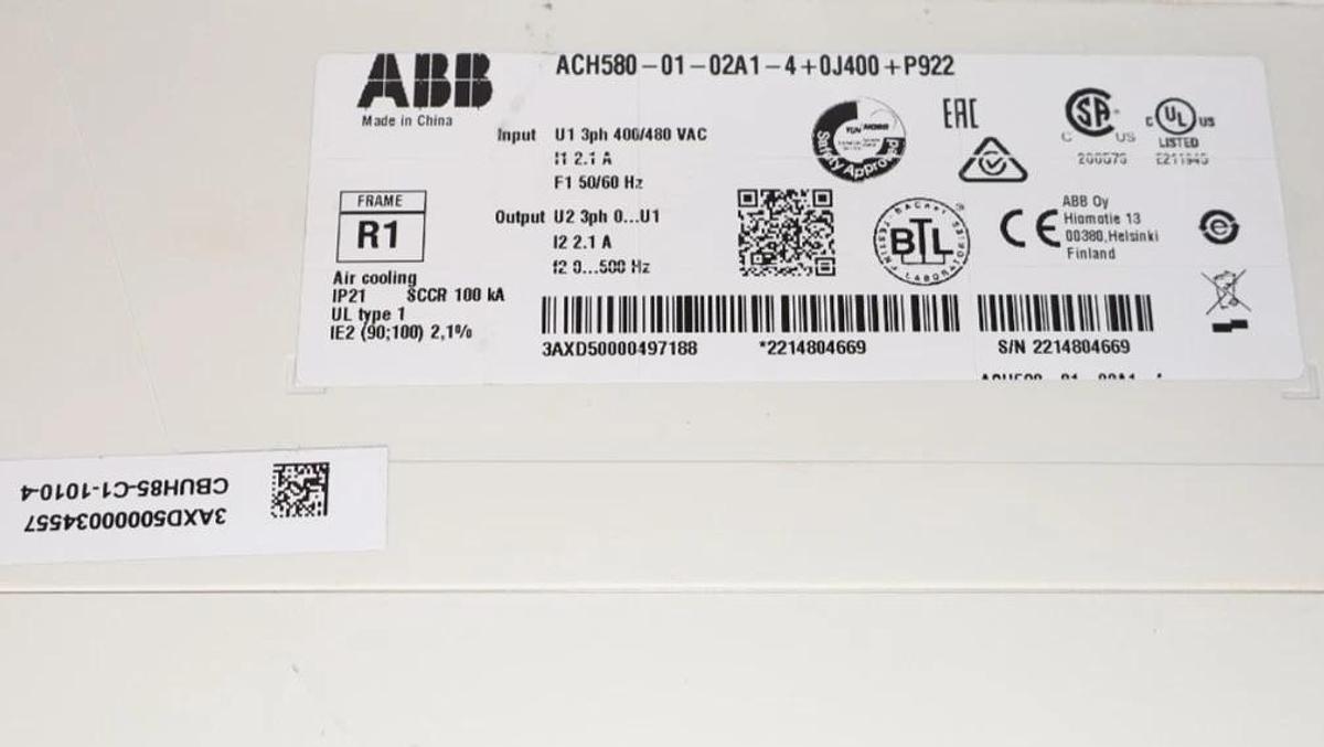 Used ABB VFD DRIVE ACH580-01-02A1-4+0J400+P922 400/480v 3ph ACH580-PDR-02A1-4