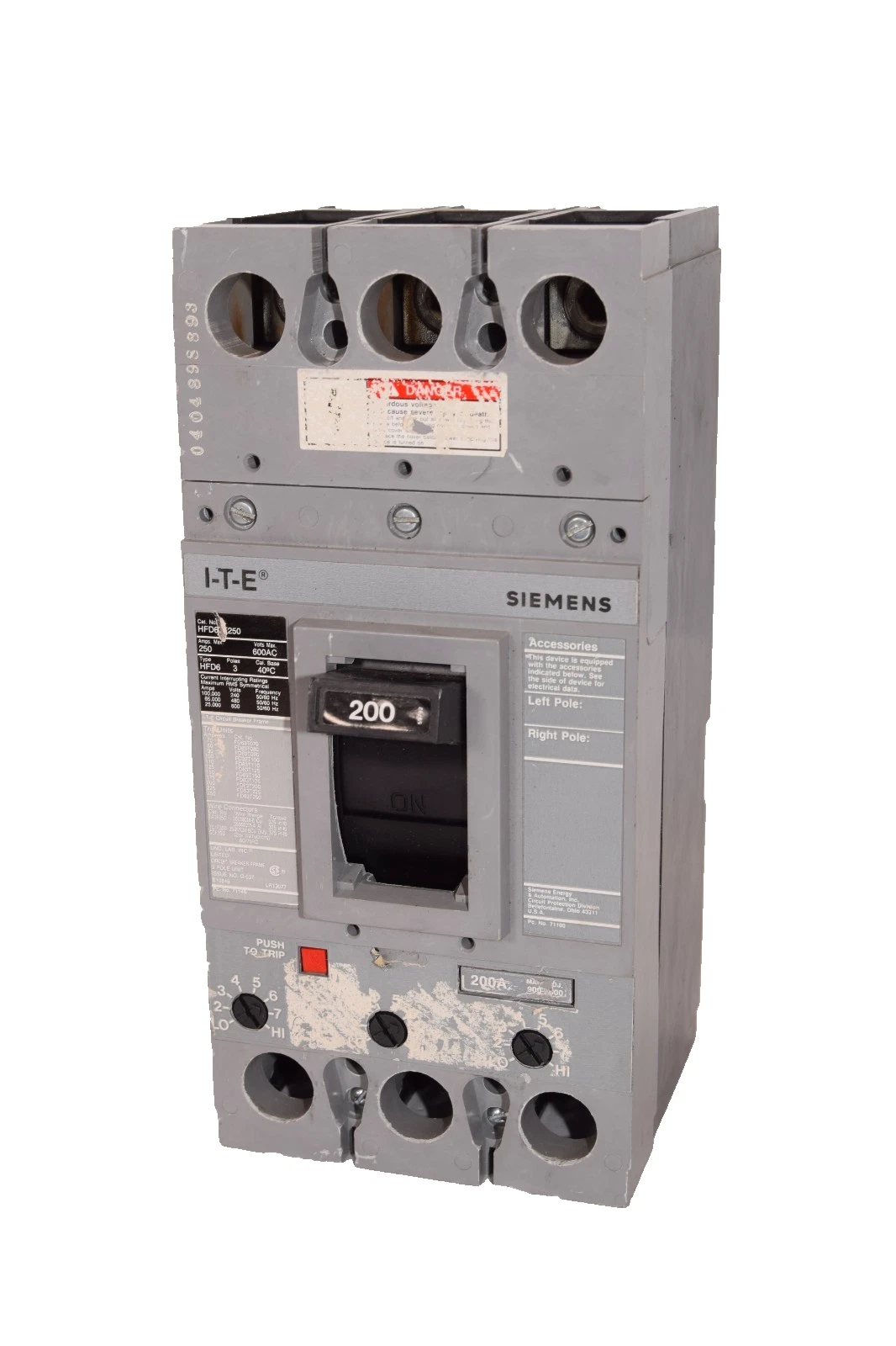 Used Siemens I-T-E Circuit Breaker 200 Amp 200A w/ Chassis HFD63F250 3 Pole 200a trip