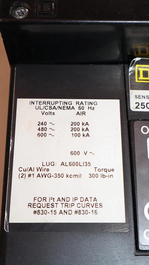 Refurbished Square D Breaker 250A 250 Amp LXI36250G ARP070 Micrologic SerB Ground Fault