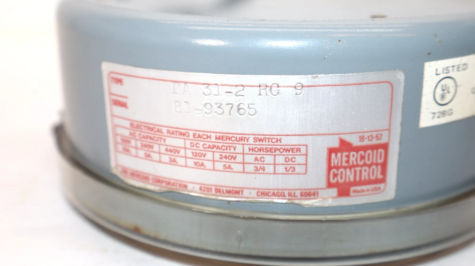Used Mercoid Control DA 31-2 RG9 10-300psig 120-240V 1/4" Pressure Switch