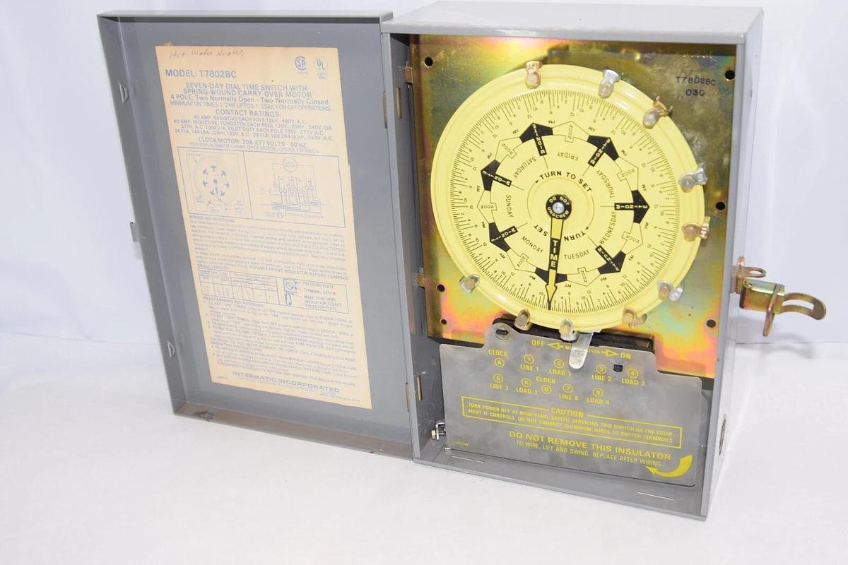 Used INTERMATIC T7802BC Electromechanical 7-Day Dial Timer W/Spring 480Vac 4Pole