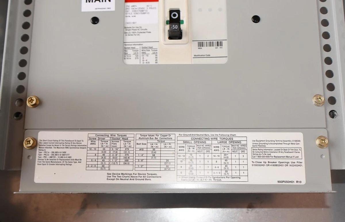 Used EATON Cutler Hammer 150A Pow-R-Line Panelboard Panel PRL1a 208y/120v 3ph 4w 42