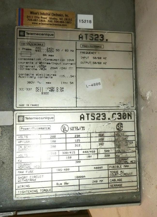 Used Telemecanique ATS23.C30N ALTISTART3 Soft Starter 220 480 Volt 250 HP 300 Amp