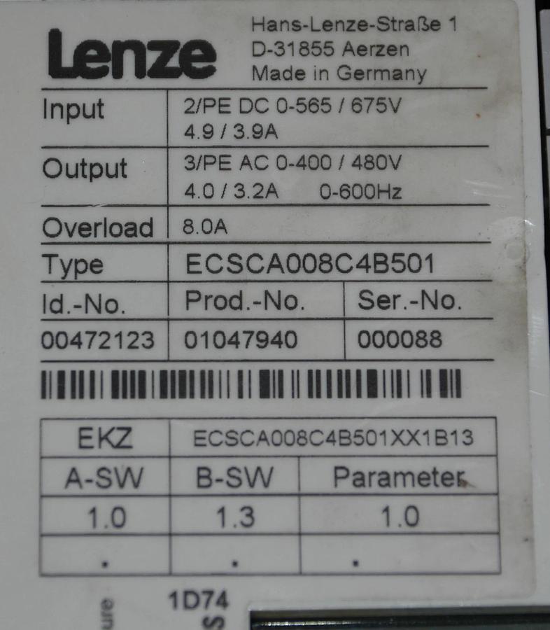 Refurbished LENZE Servo Drive  ECSCA008C4B501  D-31855 4.0 / 3.2 A AMPS