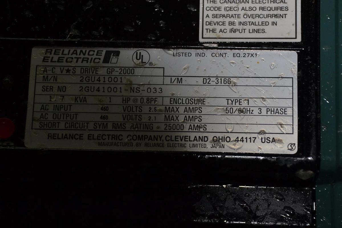 Used RELIANCE ELECTRIC 2GU41001 AC VS DRIVE GP-2000 460V 2.5A 50/60HZ 3Phase