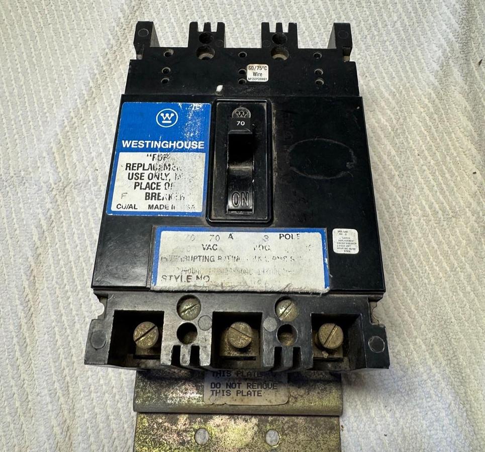Used WESTINGHOUSE HF3070U 3P 70A 70 Amp 70 A 480V HF-Frame Mark 75 Circuit Breaker