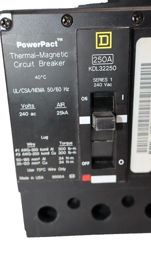 Square D KDL32250 250A Amp 3P 240V Circuit Breaker (New)