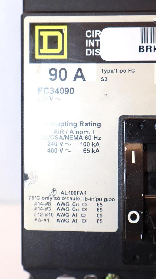 Used Square D 90A Circuit Breaker Thermal-Magnetic FC34090 90 Amp 3P