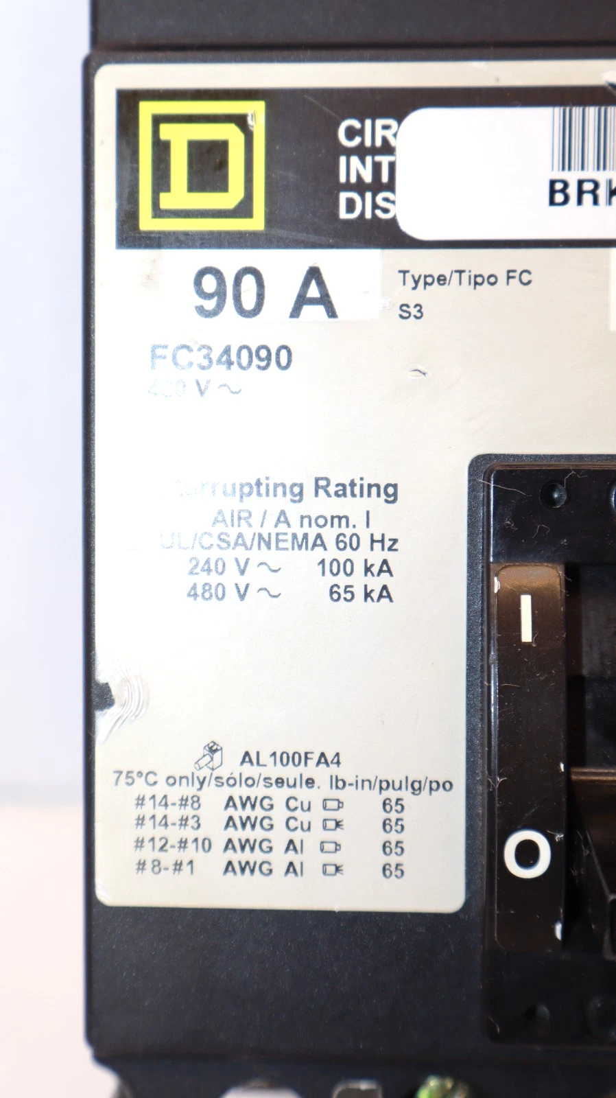 Used Square D 90A Circuit Breaker Thermal-Magnetic FC34090 90 Amp 3P