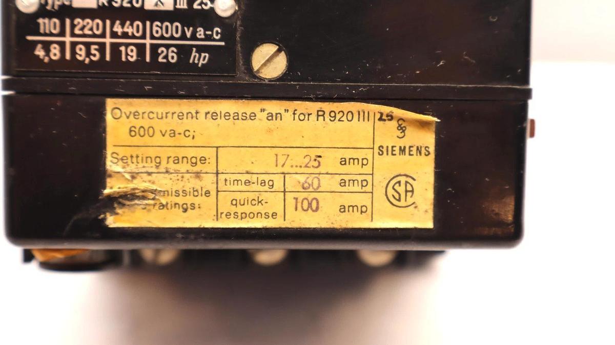 Used Siemens R920III25 , R920 X III 25 600Vac 100Amp Overload Relay Vintage (NOS)