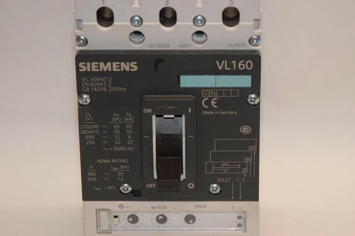 Used Siemens Vl160 Circuit Breaker 63amp 3VL2716-1AA36-0AA0  3VL9206-6SB30 63 A amp