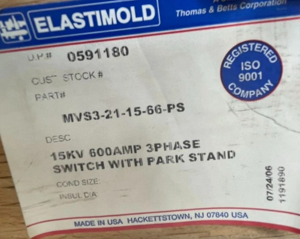 Elastimold Vacuum Switch 15kv MVS3-21-15-66-PS MVS3-21-15-66PS 600A, 600Amp, NEW