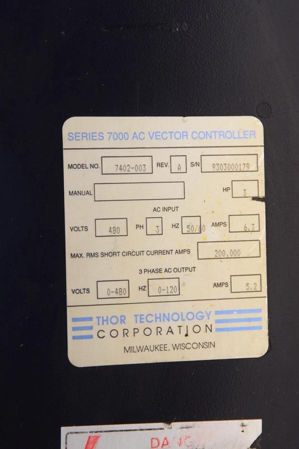 Used THOR TECHNOLOGY 7402-003 Rev A 3HP 480V 3PH 7000 Series AC Vector Controller