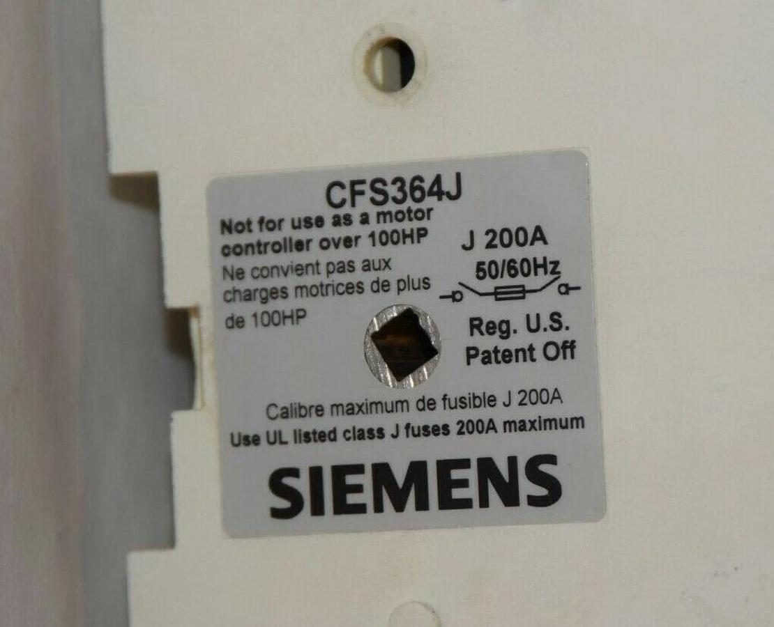 Used SIEMENS CFS364J 200A 50/60Hz 100HP Fusible Disconnect Switch With Lug Cover