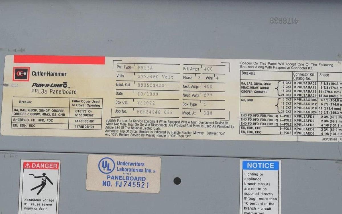 Used Cutler-Hammer 400A Panelboard Pow-R-Line PRL3a 277/480v 400Amp 3ph 4w LOADED