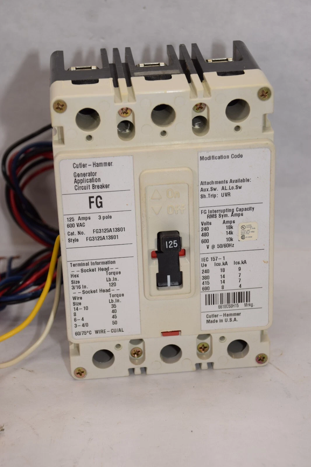 Cutler Hammer FG Generator Application Breaker FG3125A13S01 125A 600V 3p NEW