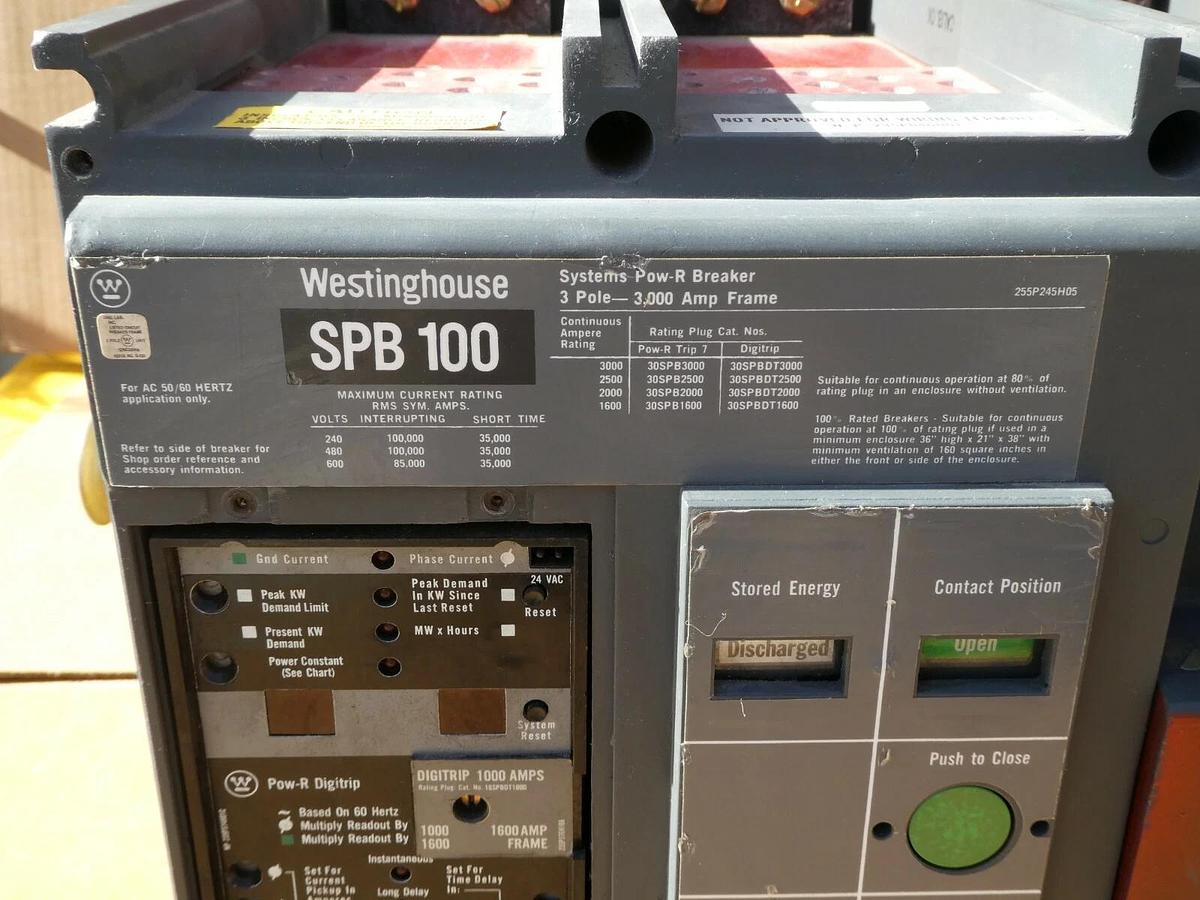 Used Westinghouse SPB 100 1600A Drawout Pow-R Breaker  w/ 1000 Amp Plug SPB100
