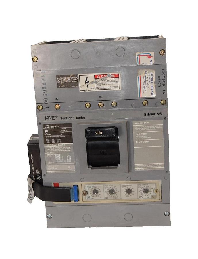 Used Siemens I-T-E Sentron Breaker 200a SHJD69200NGTH SHJD6 600v 3p 200 Amp Trip