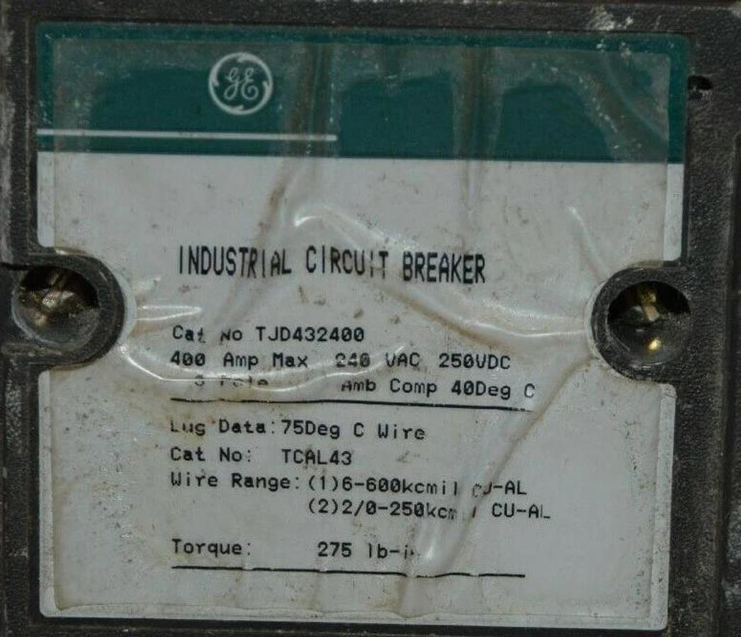 Used GE TJD422250 250A 240Vac 250Vdc 2 Pole Industrial Circuit Breaker