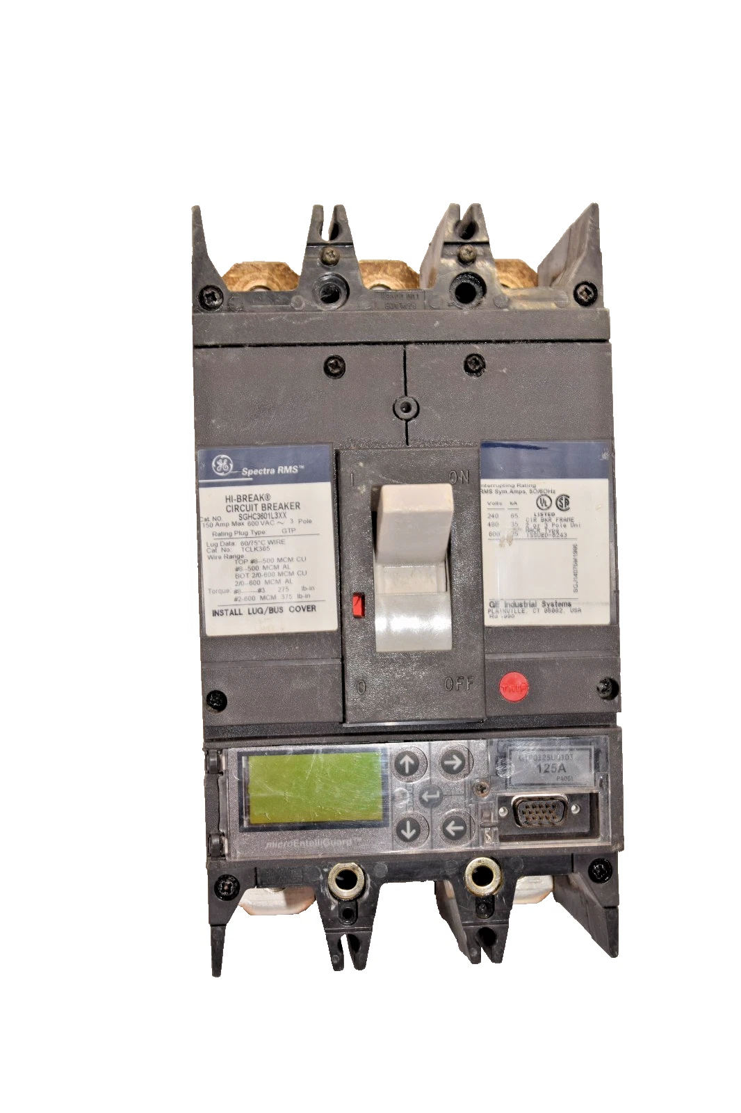 Used GE Spectra RMS Hi-Break Breaker 150A 150 Amp 600v 3p SGHC3601L3XX 125a plug