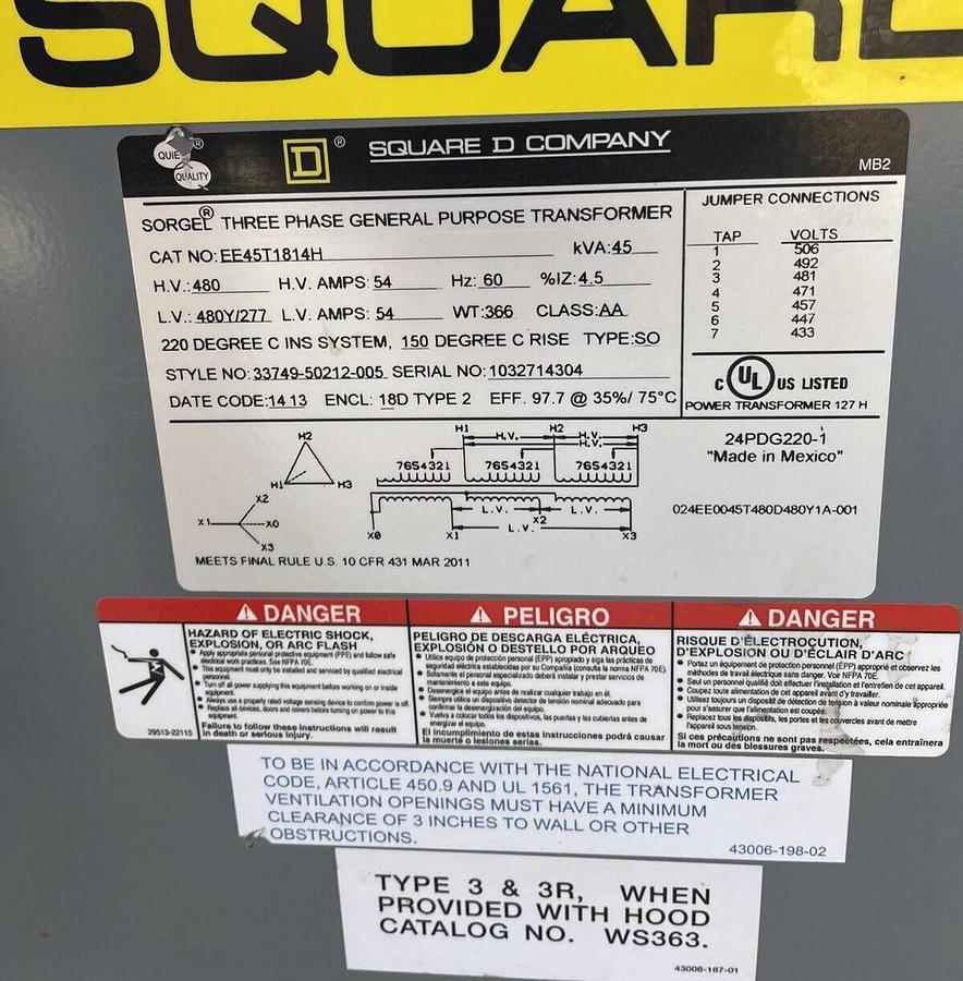 Used Square D  3PH GP Transformer EE45T1814H, 45KVA H.V.480 L.V.480Y/277,  480V 277V