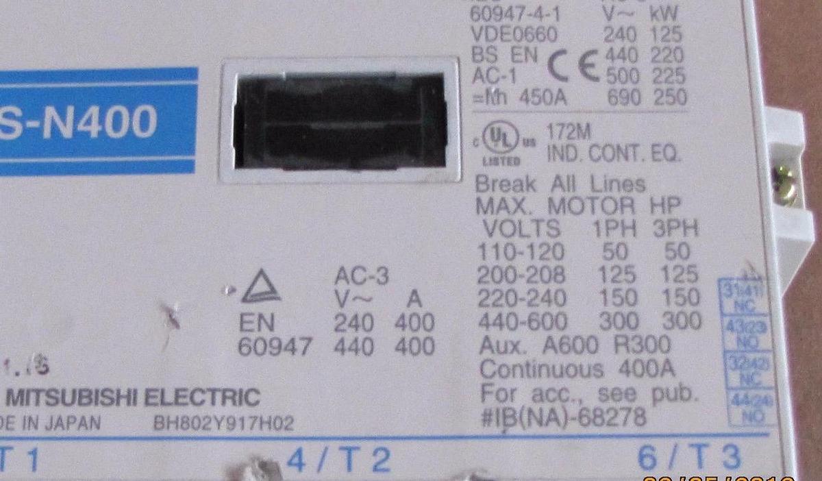 Used MITSUBISHI CONTACTOR S-N400 SN400 BH802Y917H02 200-240V COIL 3P 1PH 3PH 110-600V